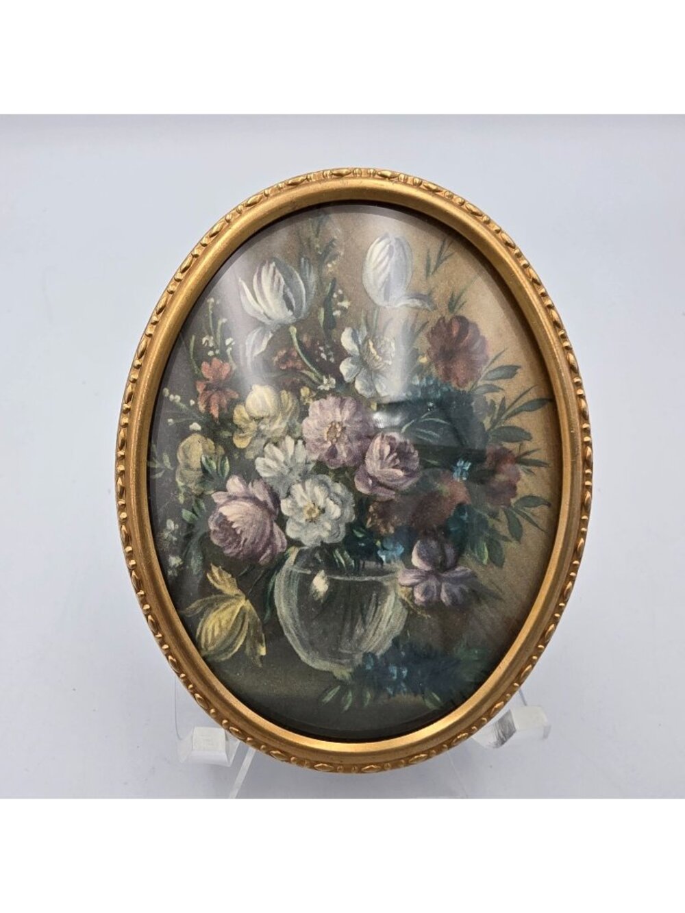 Antique Oval Brass Picture Frame 2-3/4" x 3-1/2" Cameo Style Convex Glass Floral